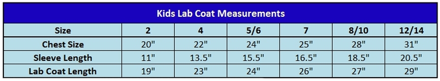 Kids Lab Coats Measurements